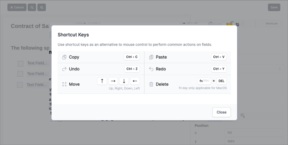 Shortcut Keys pop-up dialog box