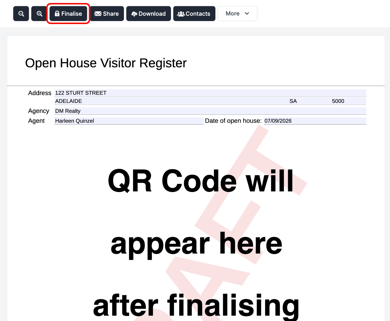 finalise Open House Visitor Register (QR Code) form