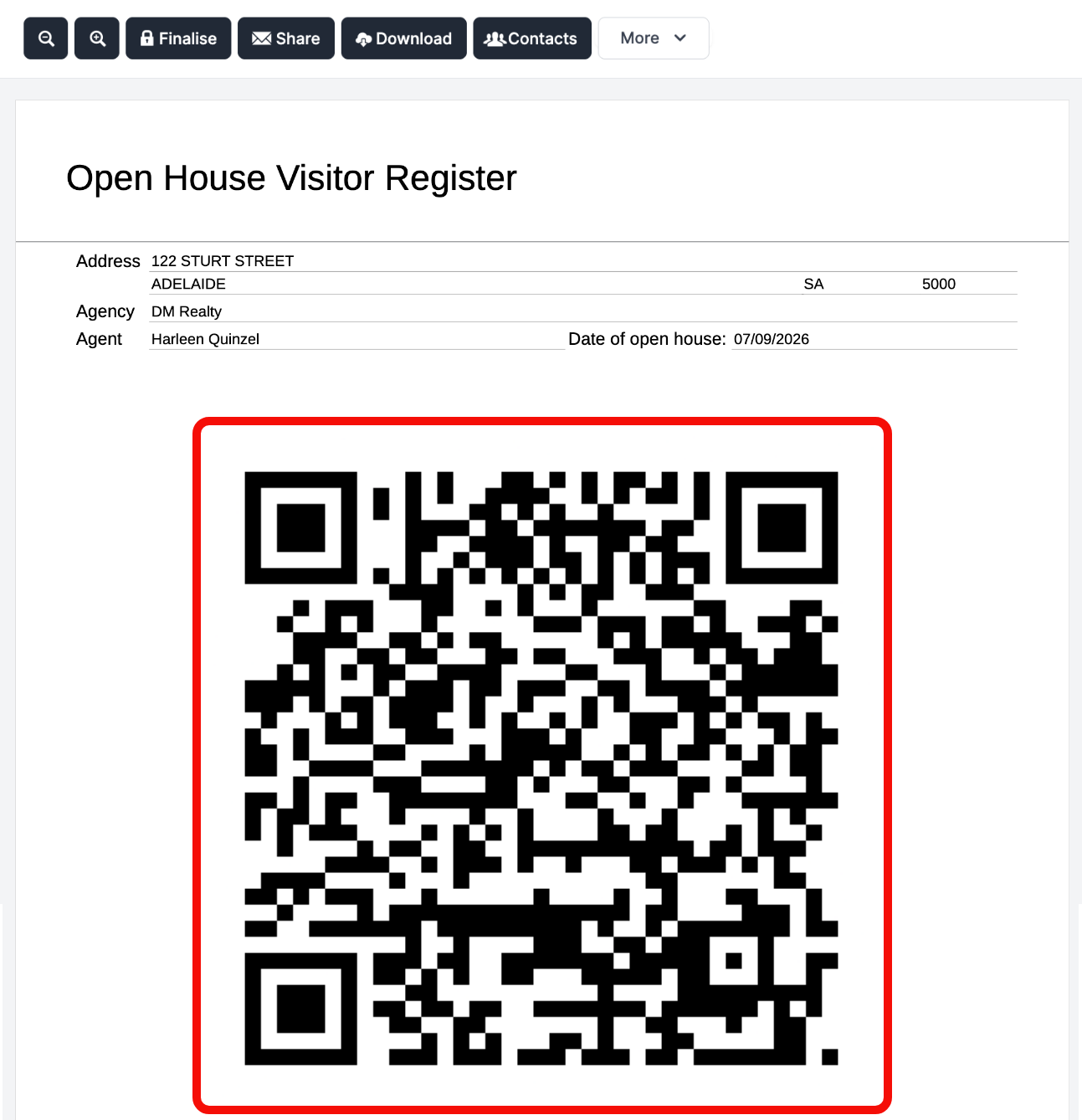 QR code generated in Open House Visitor Register (QR Code) form