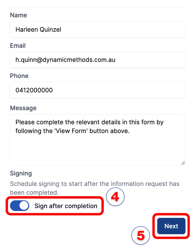 Info request tab — Sign after Completion toggle