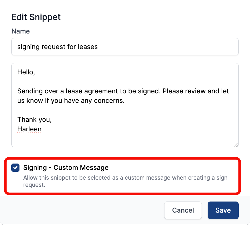 Add Snippet to Signing Message